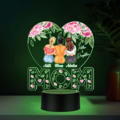 Personalized Mom with Two Daughters Acrylic LED Lamp with UV Print – Auto Color Changing Night Light Mother’s Day Gift